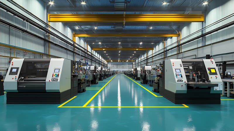 Precision manufacturing floor with rows of CNC machines.
