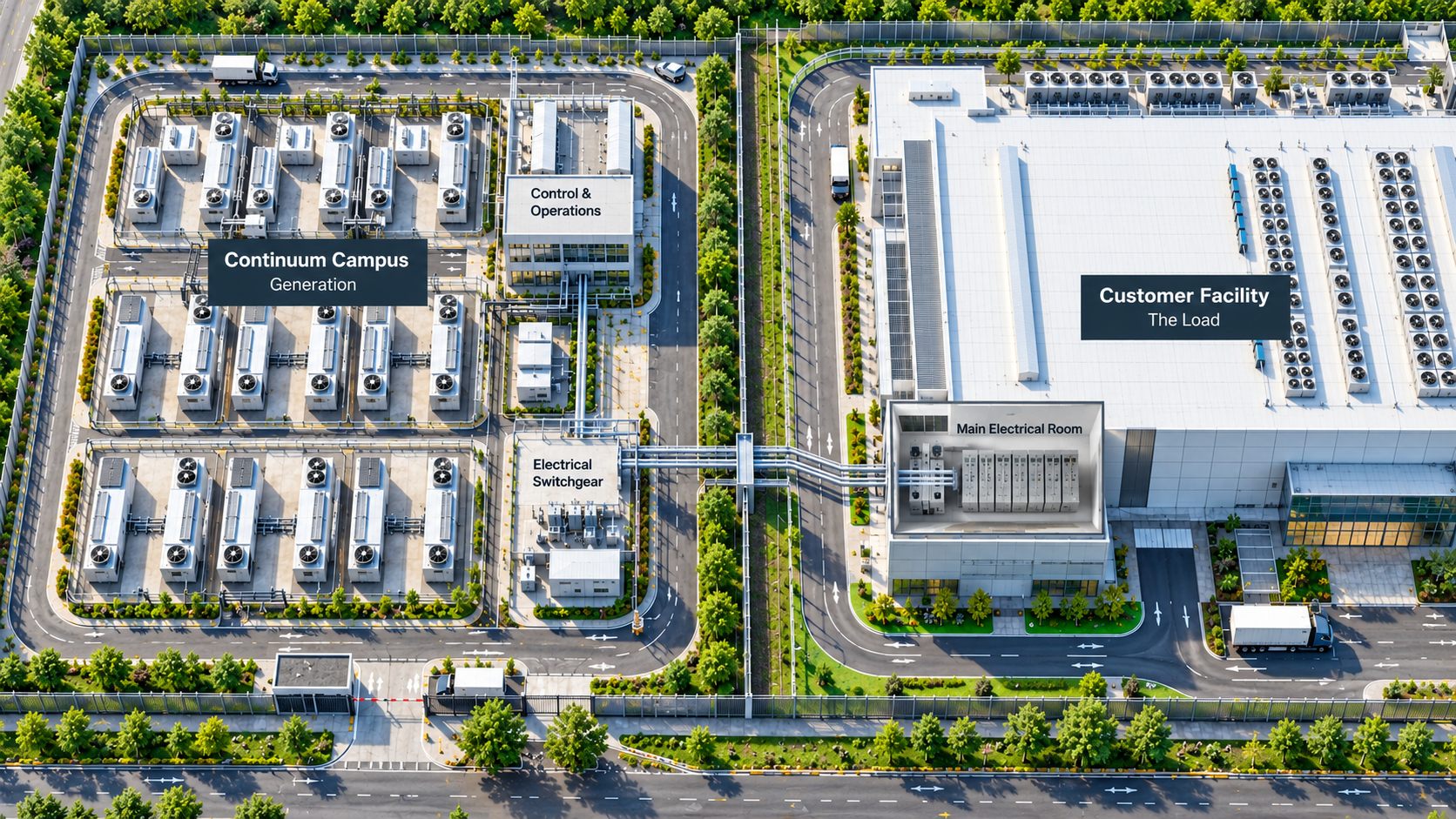 Aerial view of a Continuum generation campus beside a customer facility, linked through electrical switchgear to the main electrical room.