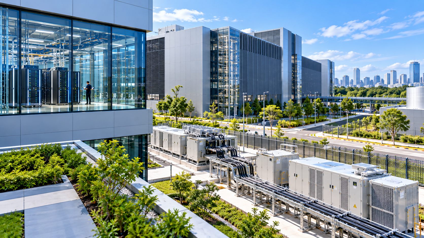 A data centre campus with generation units installed alongside the building.