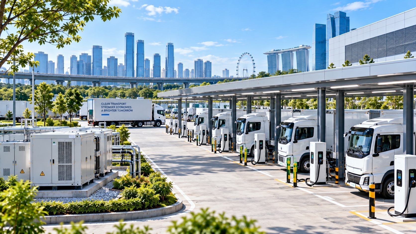 Generation units powering a fleet depot of electric trucks against a city skyline.