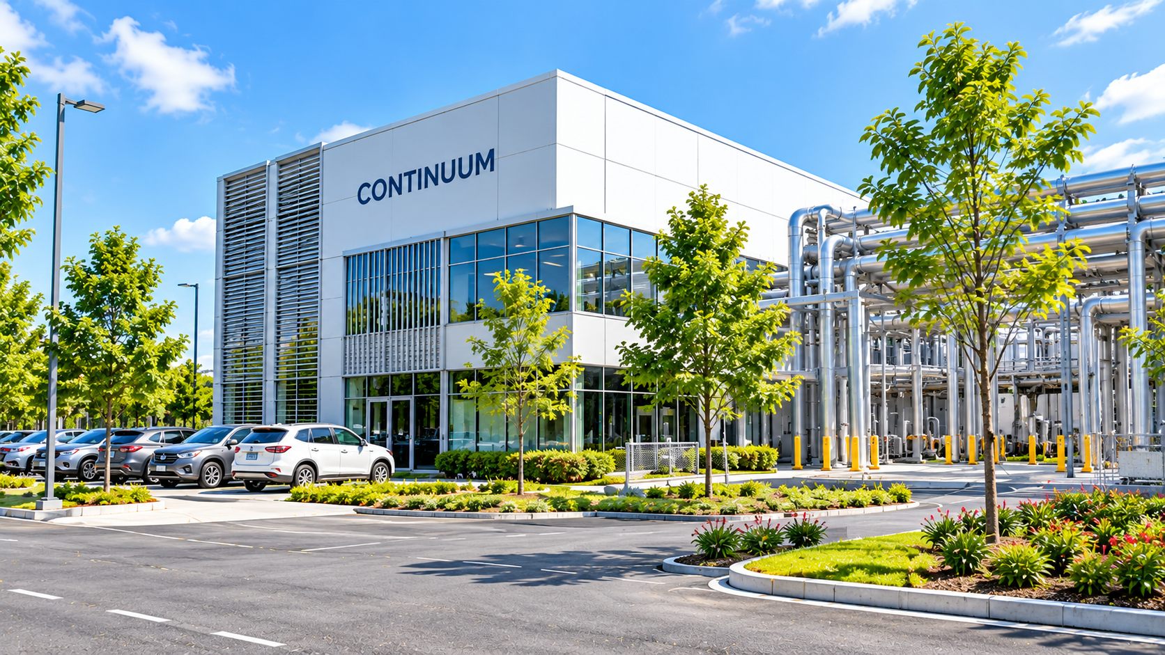 A Continuum facility on a landscaped campus, process pipework running alongside it.