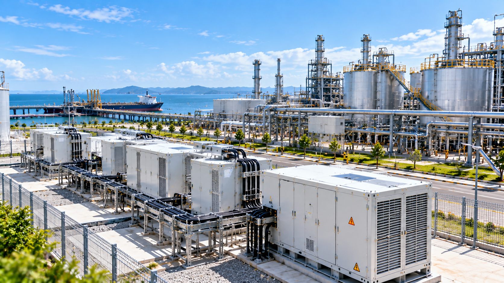 Refinery towers and storage tanks at a coastal industrial port.