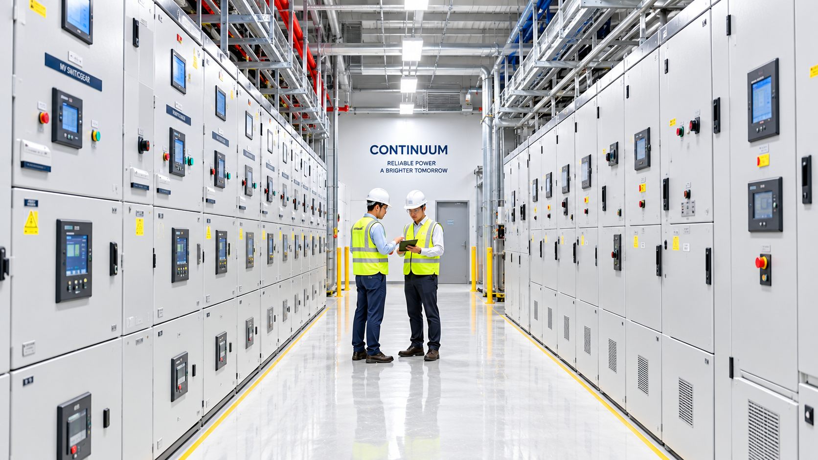 Engineers reviewing readings in a switchgear hall.