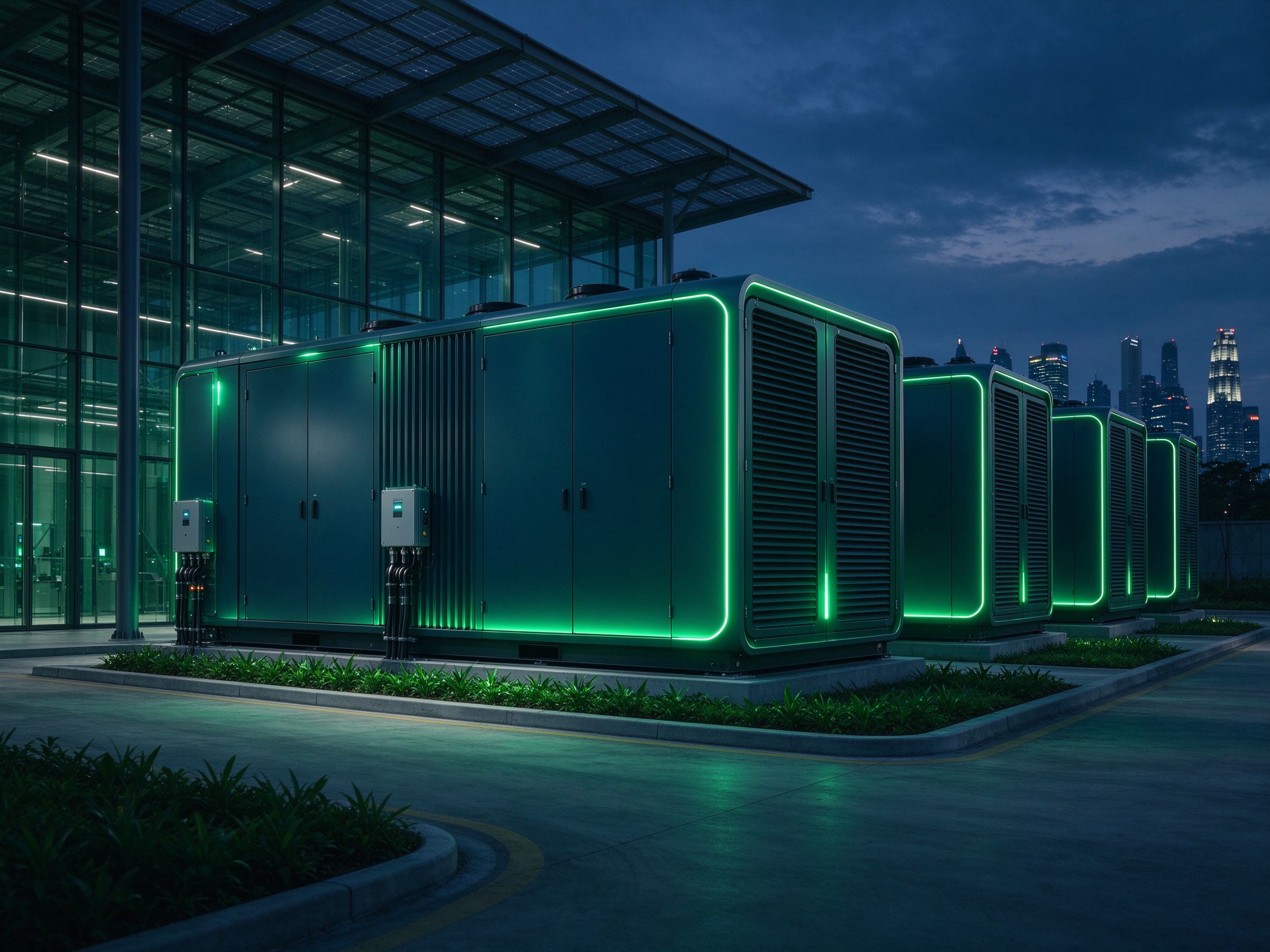 A row of modular generation units glowing green at night beside a glass building.